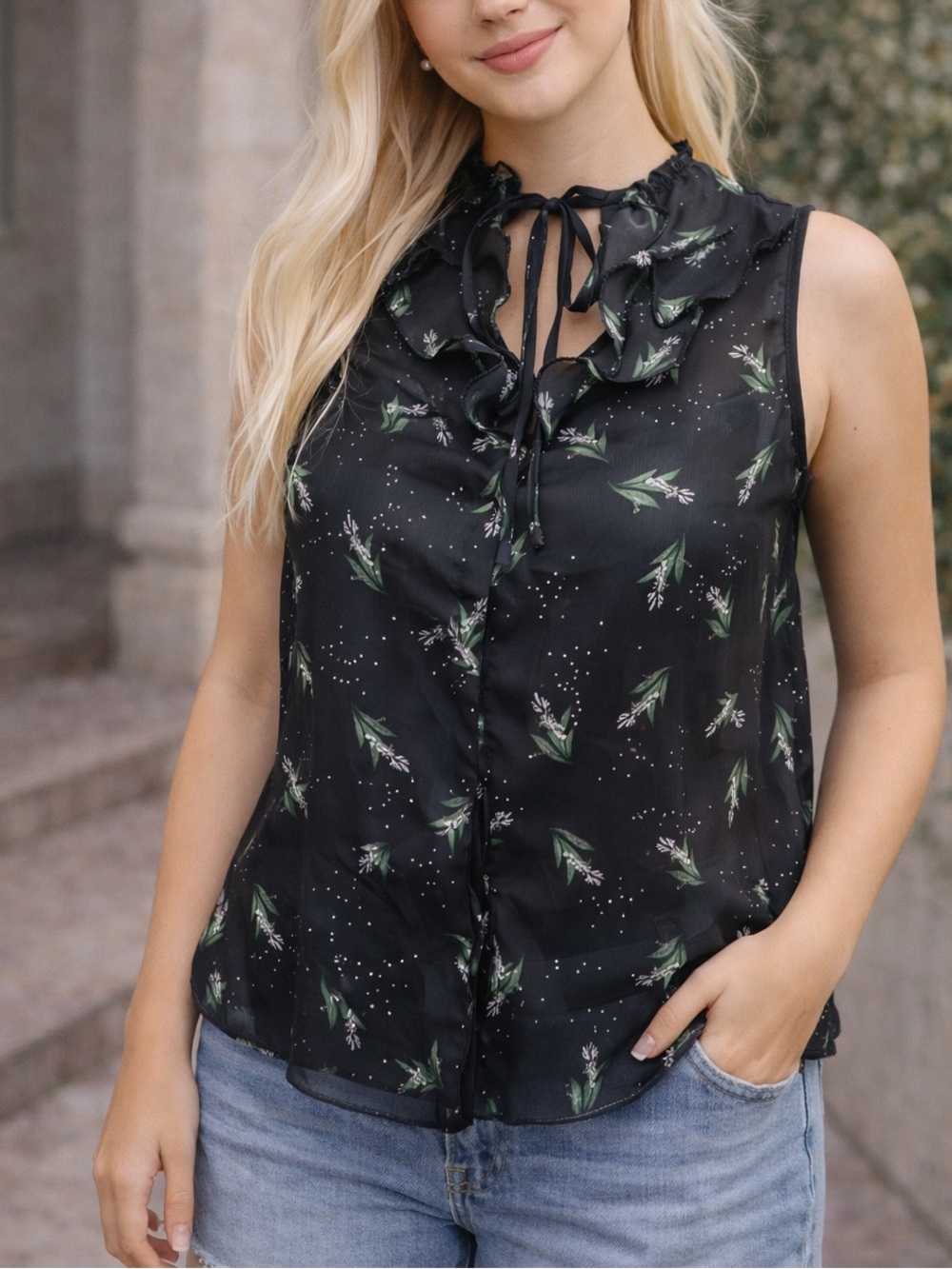 Sheer Floral Ruffle/Tie Tank Top
